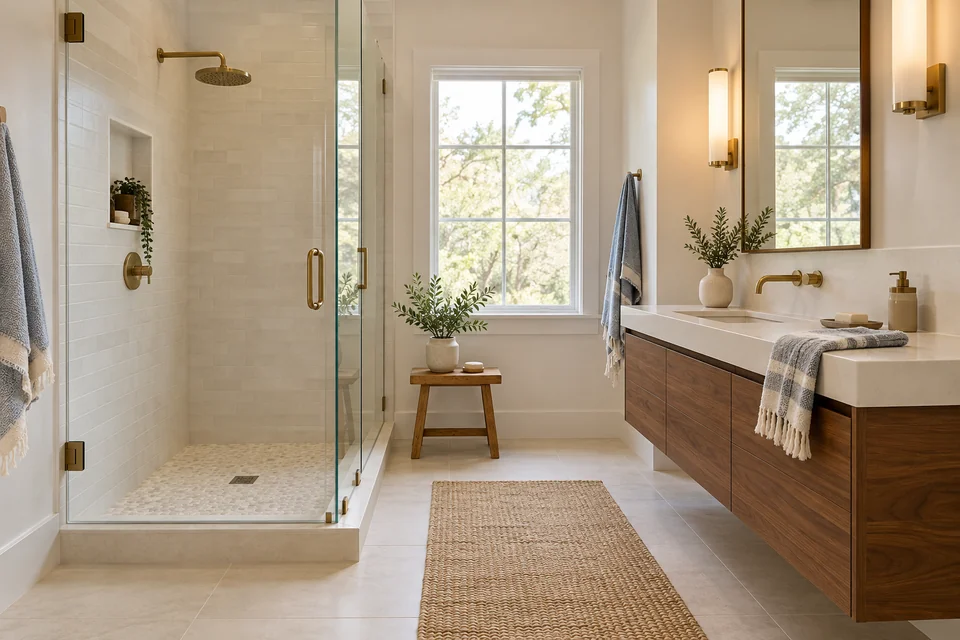 Comfortable bathroom with glass shower