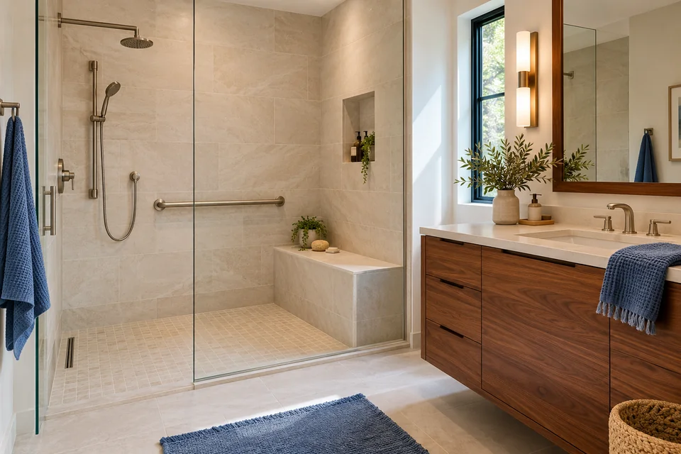 Walk-in shower with seating and support bars