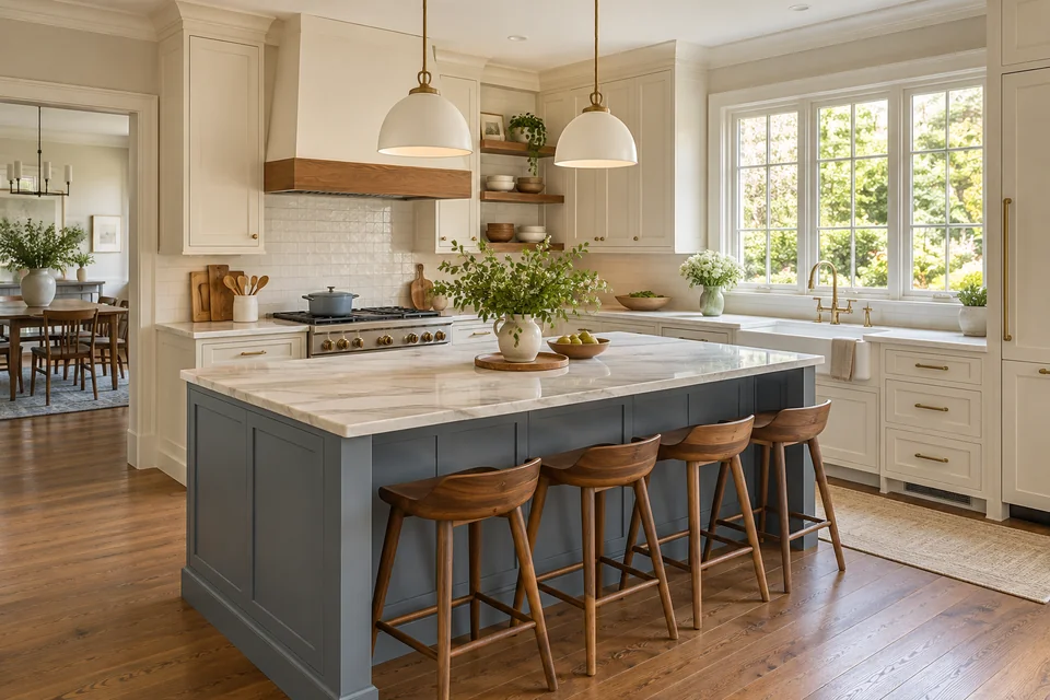 Bright ivory kitchen with muted blue island and walnut accents