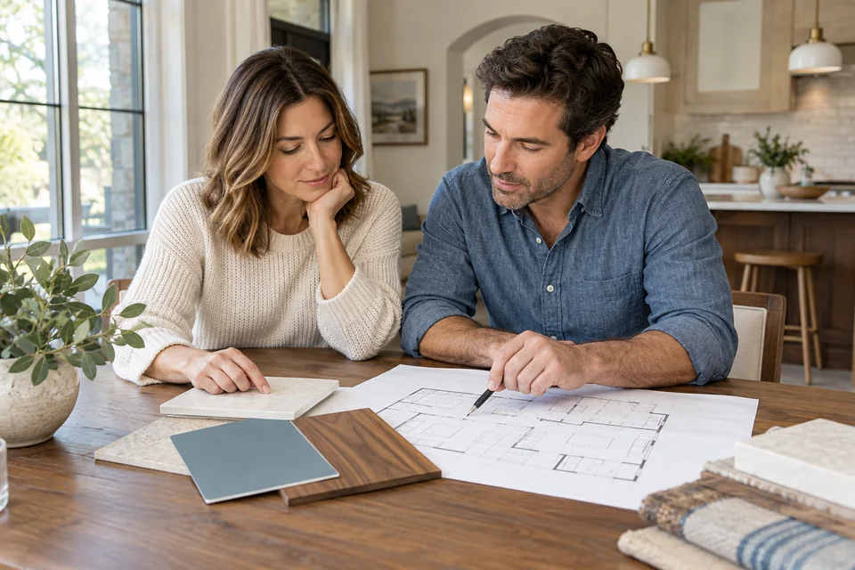 Two adults reviewing a room plan and finish samples